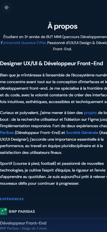 Aperçu mobile du portfolio