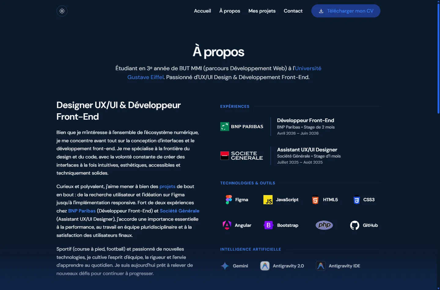 Aperçu du portfolio en mode sombre